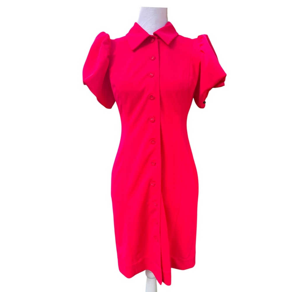 Calvin Klein Puffed Sleeve A-Line Dress Womens Size 4 Pink Button Front Collared - Picture 2 of 4